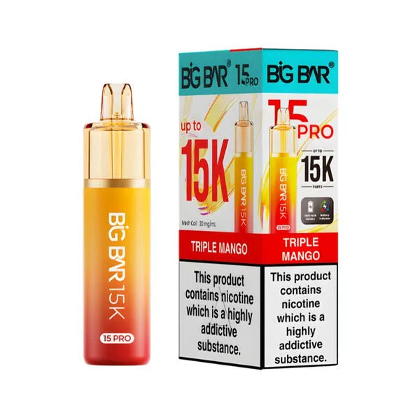 Big Bar 15K Pro Triple Mango pod kit with 15000 puffs, mesh coil, nic salt pods and rechargeable vape device