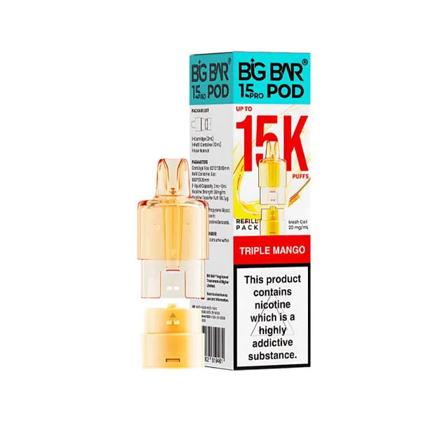Big Bar 15K Pro Triple Mango prefilled pods with 15000 puffs, nic salt e-liquid, mesh coil and refill container