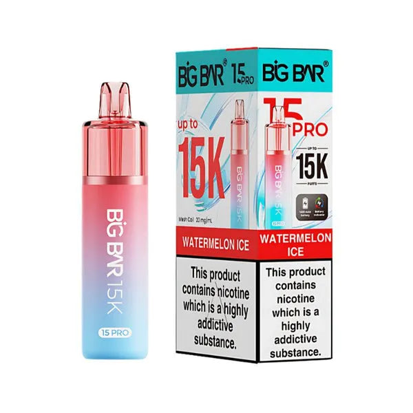 Big Bar 15K Pro Watermelon Ice pod kit with 15000 puffs, mesh coil, nic salt pods and rechargeable vape device