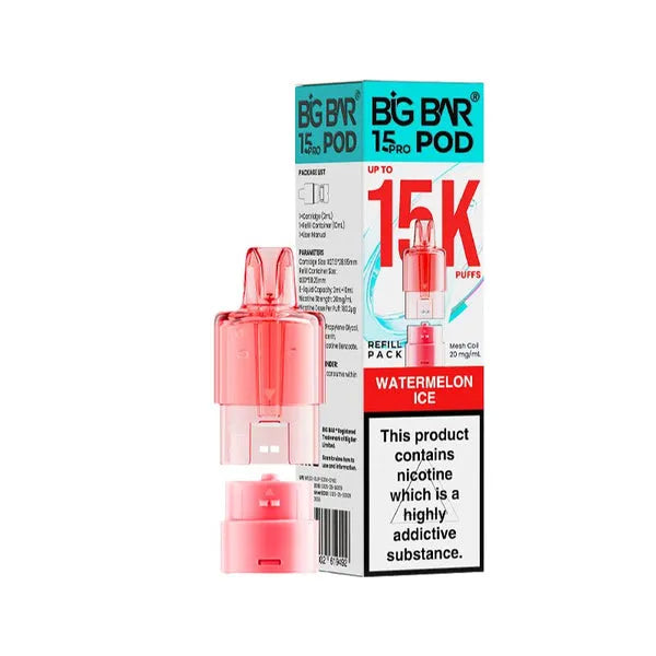Big Bar 15K Pro Watermelon Ice prefilled pods with 15000 puffs, nic salt e-liquid, mesh coil and refill container