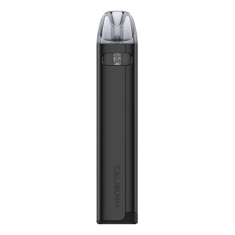 UWELL Caliburn A2S Pod Kit in Black – slim and elegant pod vape with a glossy black finish, draw-activated design, LED light indicator, and leak-resistant pods with Pro-FOCS technology for smooth flavor delivery.