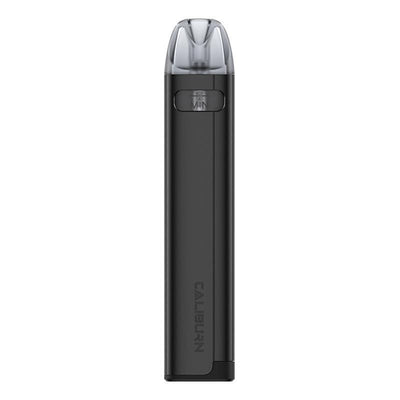 UWELL Caliburn A2S Pod Kit in Black – slim and elegant pod vape with a glossy black finish, draw-activated design, LED light indicator, and leak-resistant pods with Pro-FOCS technology for smooth flavor delivery.