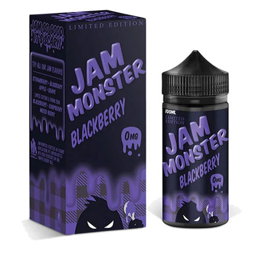 100ml shortfill bottle of Jam Monster E-Liquid in Blackberry flavor, crafted with a 75VG/25PG blend for bold flavor and thick clouds, TPD-compliant and nicotine-free with space for nic shots.