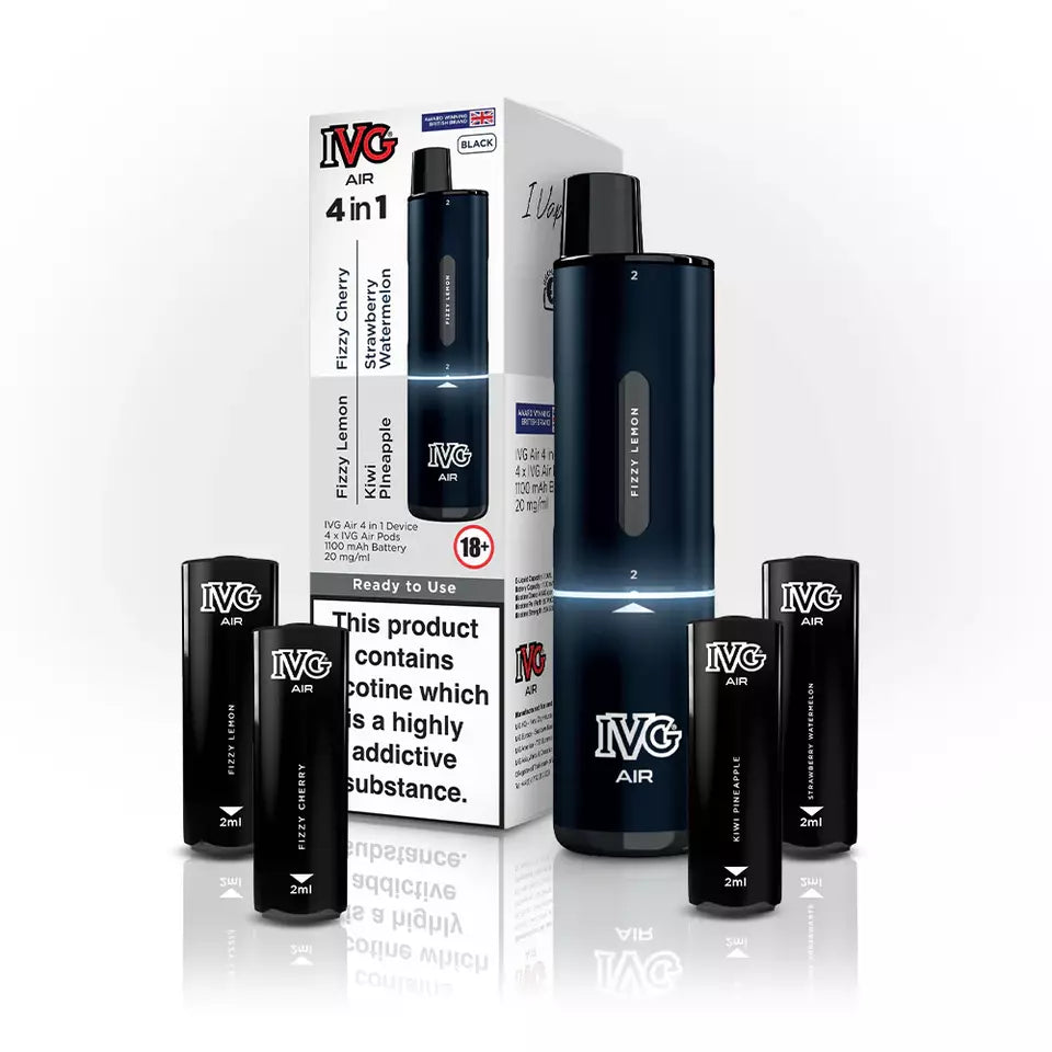IVG 2400 AIR 4-in-1 starter kit disposable vape in Black, featuring four interchangeable 2ml pods, up to 2400 puffs, compact ergonomic design, and easy draw-activation for a convenient all-in-one vaping experience.