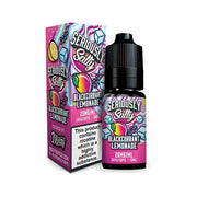 A 10ml bottle of Seriously Salty Blackcurrant Lemonade Nic Salt E-Liquid with a childproof cap, displayed next to its colorful packaging that features fruit graphics and branding details.