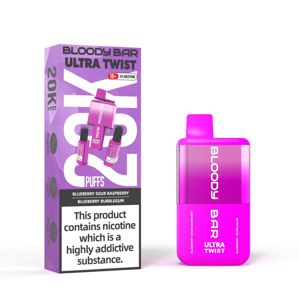 Bloody Bar Ultra Twist Disposable Vape – 20,000 puffs, available in Blueberry Sour Raspberry or Blueberry Bubblegum flavors.
