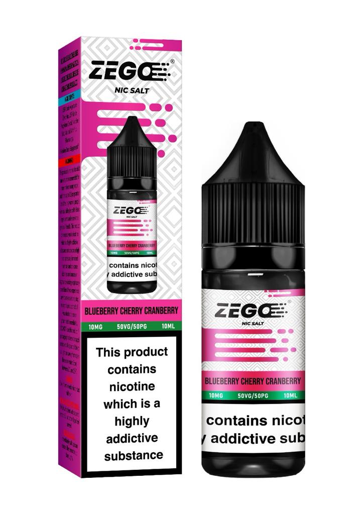 10ml bottle of Zego Nic Salt E-Liquid in Blueberry Cherry Cranberry flavor, available in 10mg and 20mg nicotine strengths, crafted for smooth throat hits with pod vape kits.