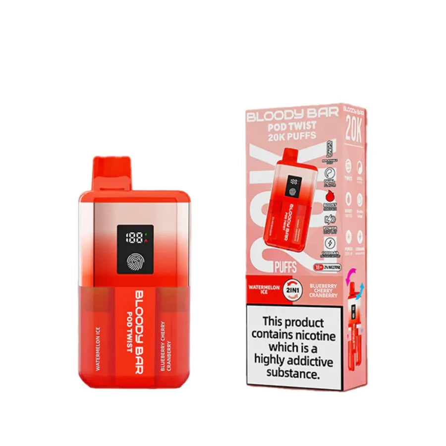 Bloody Bar Pod Twist 20K Rechargeable Vape Kit 20MG in Watermelon Ice/ Blueberry Cherry Cranberry – high-capacity vape device with up to 20,000 puffs, twist flavor selection, and bold nicotine delivery
