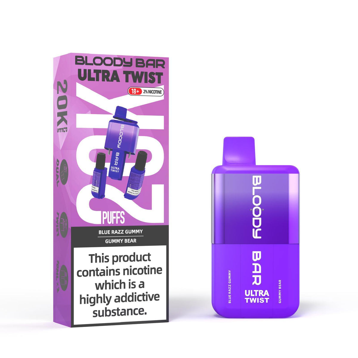 Bloody Bar Ultra Twist Disposable Vape – 20,000 puffs, available in Blue Razz Gummy or Gummy Bear flavors.