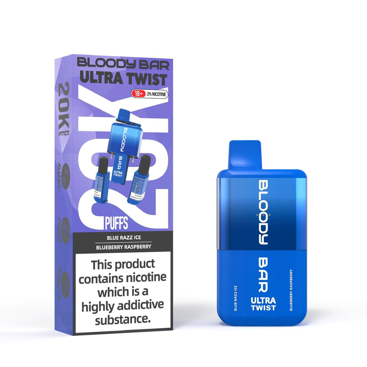 Bloody Bar Ultra Twist Disposable Vape – 20,000 puffs, available in Blue Razz Ice or Blueberry Raspberry flavors.