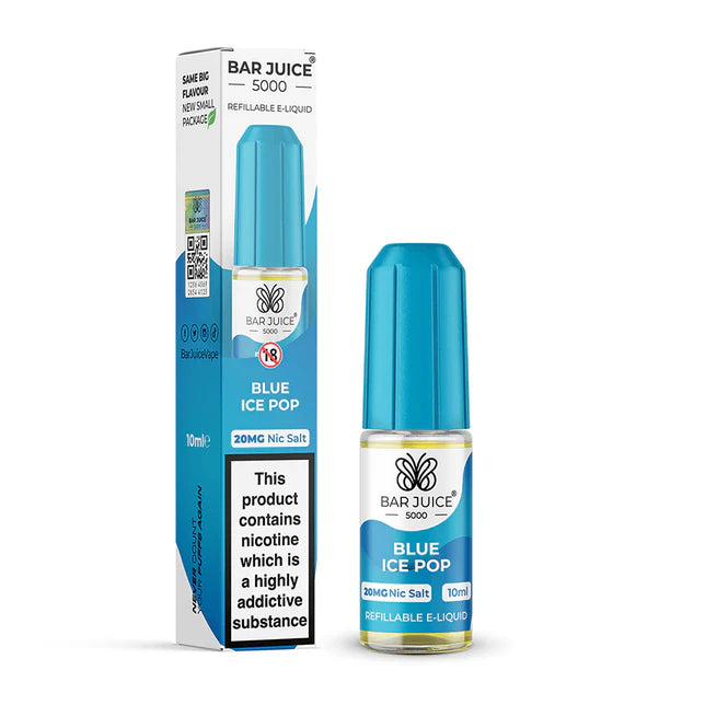 A product image showing a Bar Juice 5000 e-liquid bottle next to its packaging box. The packaging is predominantly blue with graphic designs and product information.