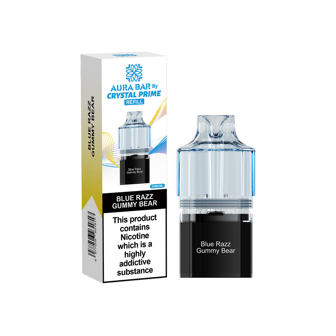 Blue Razz Gummy Bear Aura Bar Crystal Prime 10K Replacement Pods – long-lasting prefilled vape pods with rich flavours and smooth performance