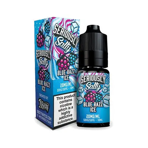 A 10ml bottle of Seriously Salty Blue Razz Ice Nic Salt E-Liquid with a childproof cap, next to its colorful packaging box which contains the product.