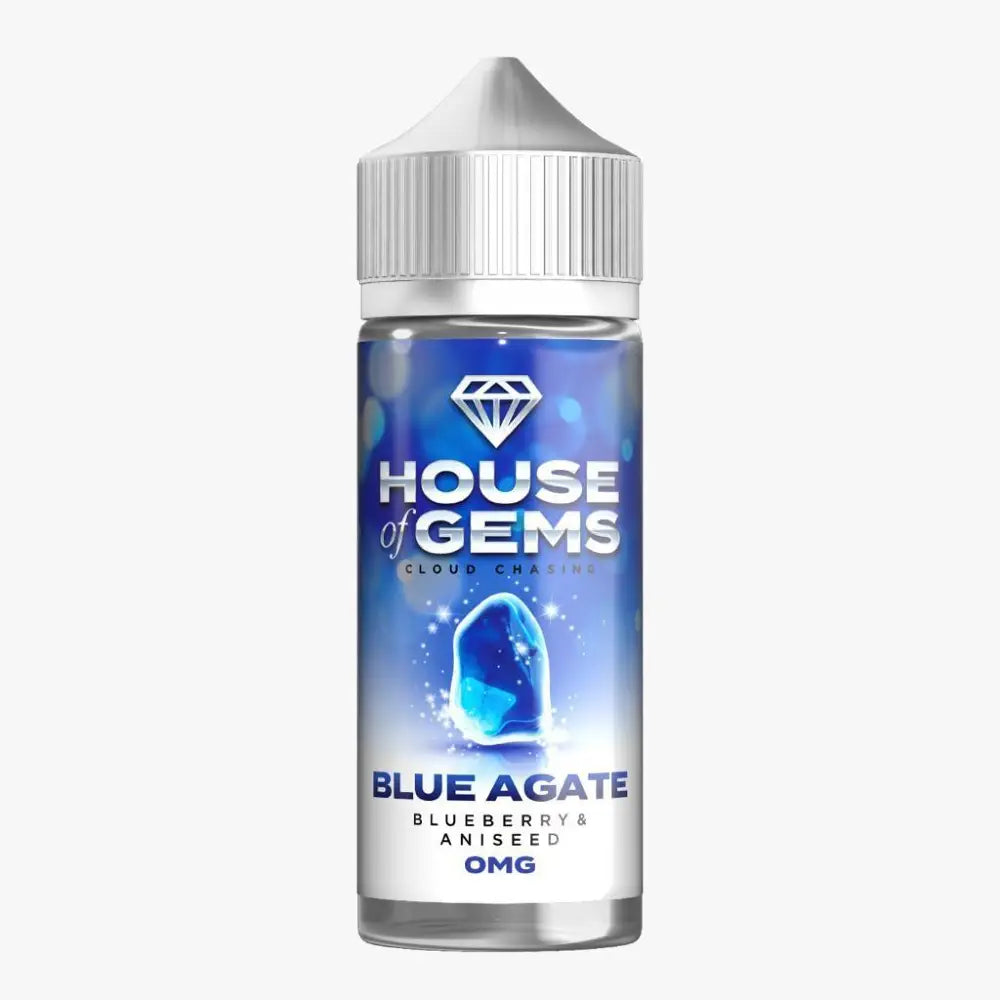 100ml shortfill bottle of Gemstone House of Gems E-Liquid in Blue Agate flavor, offering a luxurious and smooth vape with rich fruity notes; nicotine-free with space for nic shots, crafted for premium flavor and dense cloud production.