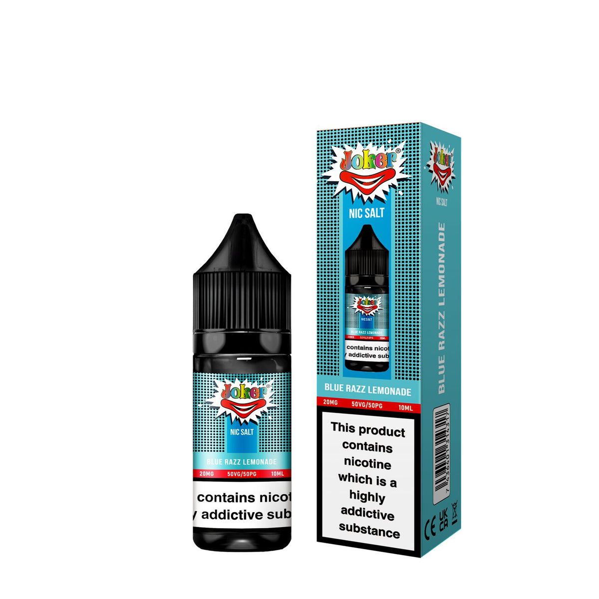 10ml bottle of Joker Nic Salts E-Liquid in Blue Razz Lemonade flavor, smooth nicotine salt formula designed for a satisfying throat hit, ideal for use with refillable pod vape kits.