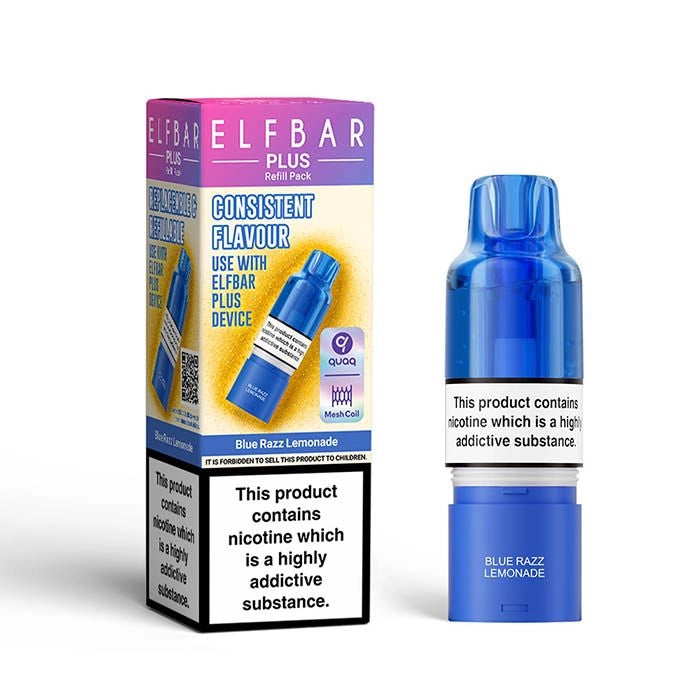 Elf Bar Plus 12 Prefilled Pod & Refill in blue razz lemonade – rechargeable vape with a 2ml prefilled pod, 8ml refill container, and 0.8Ω QUAQ mesh coil.