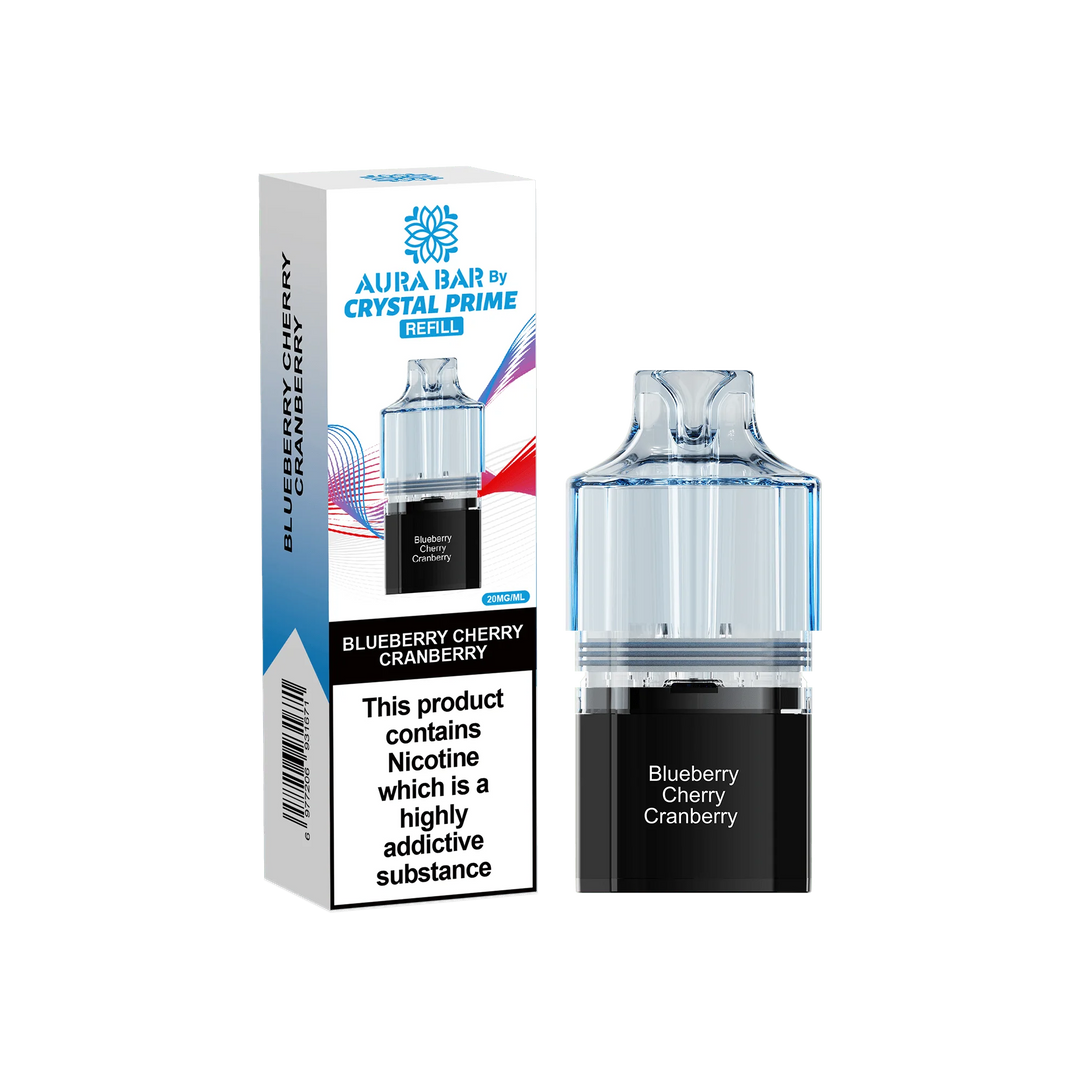 Blueberry Cherry Cranberry Aura Bar Crystal Prime 10K Replacement Pods – long-lasting prefilled vape pods with rich flavours and smooth performance
