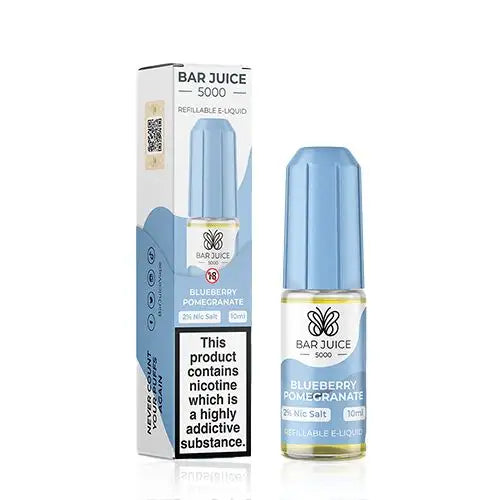 A product image showing a box and a bottle of Bar Juice 5000 Nic Salt vape juice in Blueberry Pomegranate flavor, indicating a nicotine content of 20mg and a VG/PG ratio of 50/50.