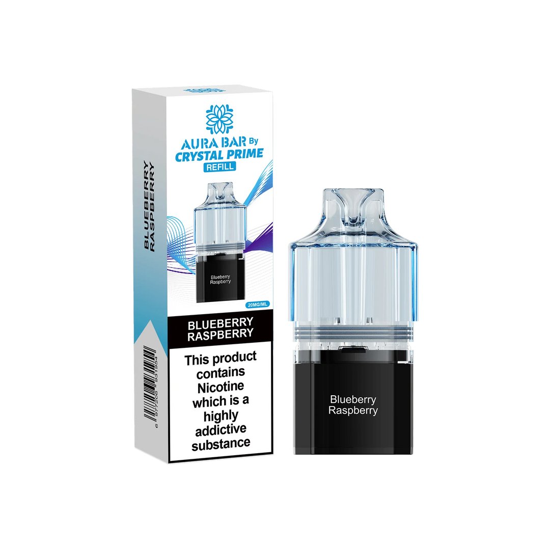 Blueberry Raspberry Aura Bar Crystal Prime 10K Replacement Pods – long-lasting prefilled vape pods with rich flavours and smooth performance