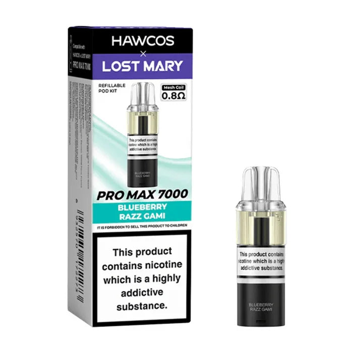 HAWCOS x Lost Mary Pro Max 7000 Blueberry Razz Gami prefilled pod kit with high-capacity rechargeable device