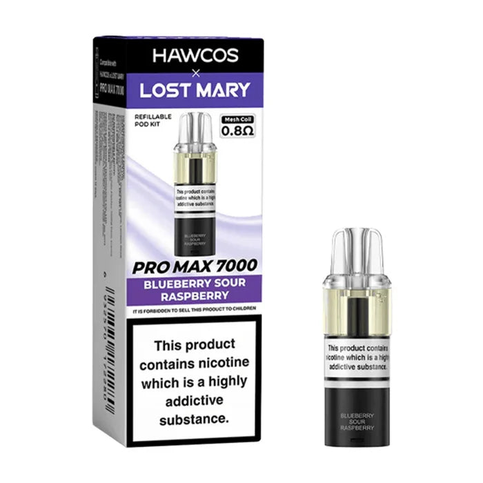 HAWCOS x Lost Mary Pro Max 7000 Blueberry Sour Raspberry prefilled pod kit with high-capacity rechargeable device