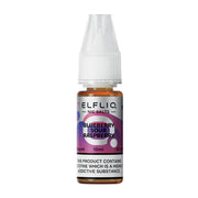 A bottle of Elf Bar ELFLIQ Nic Salt E-Liquid with branding and flavor information, indicating Blueberry Sour Raspberry, 10ml volume, and 20mg nicotine strength.
