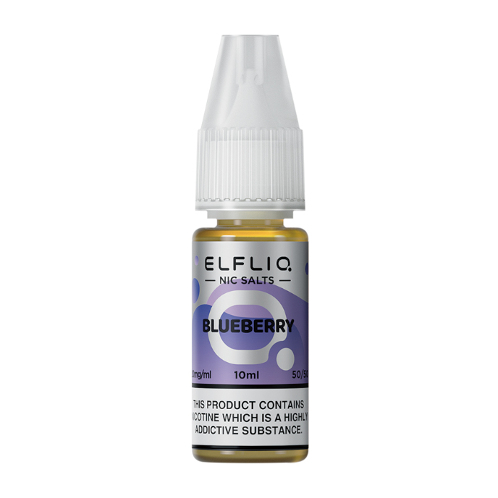 Pack of ten 10ml bottles of Elf Bar Nic Salt E-Liquid in Blueberry flavor, smooth nic salt formulation for a satisfying throat hit, ideal for refillable pod kits, available in 10mg and 20mg strengths.