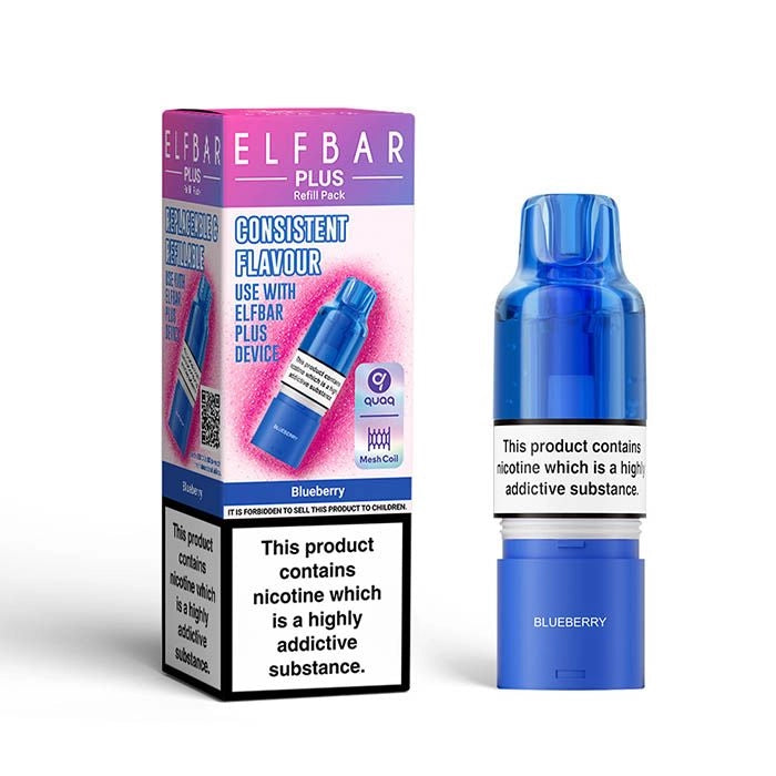 Elf Bar Plus 12 Prefilled Pod & Refill in blueberry – rechargeable vape with a 2ml prefilled pod, 8ml refill container, and 0.8Ω QUAQ mesh coil.