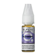 A bottle of Elf Bar ElfLiq Blueberry Nic Salt Vape Juice, 10ml size, with a label indicating the flavor and nicotine content.