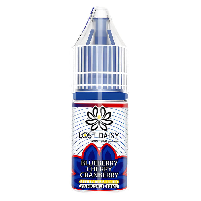 10ml bottle of Lost Daisy 5000 Bar Nic Salt E-Liquid in Blueberry Cherry Cranberry flavor, smooth nicotine salt formula designed for pod kits and mouth-to-lung vaping.