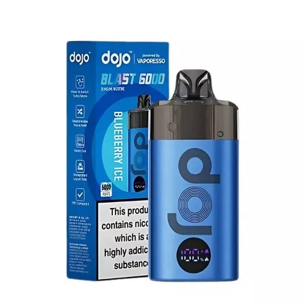 Vaporesso Dojo Blast 6000 puffs vape kit in Blueberry Ice, featuring a sleek rechargeable design with 6k BIG Puff capacity, mesh coil technology for enhanced flavor, long-lasting battery, and user-friendly draw activation.