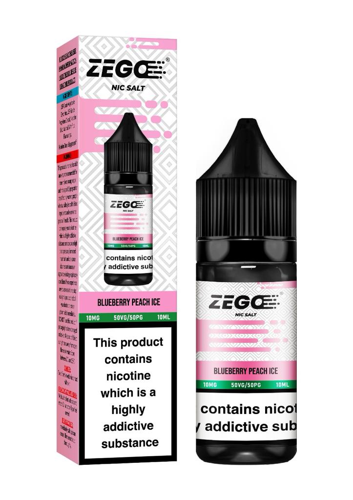 10ml bottle of Zego Nic Salt E-Liquid in Blueberry Peach Ice flavor, available in 10mg and 20mg nicotine strengths, crafted for smooth throat hits with pod vape kits.