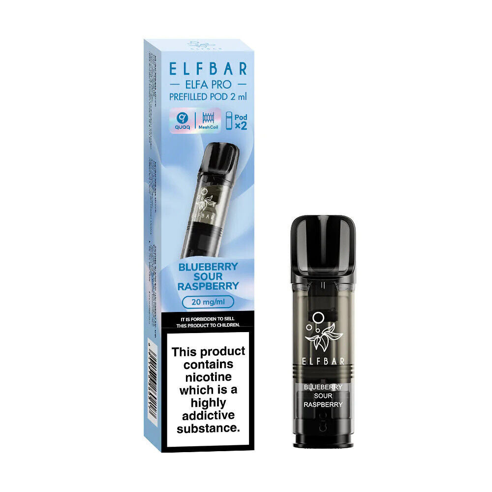 Elf Bar Elfa Pro replaceable prefilled pods in Blueberry Sour Raspberry flavor, engineered for consistent vapor production and optimal flavor, compatible with the Elf Bar Elfa Pro device for a satisfying and enjoyable vaping experience.