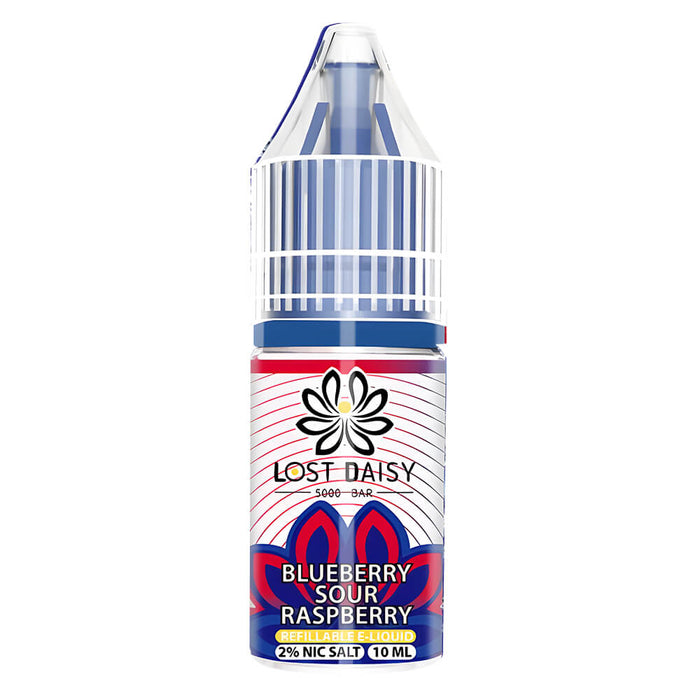 10ml bottle of Lost Daisy 5000 Bar Nic Salt E-Liquid in Blueberry Sour Raspberry flavor, smooth nicotine salt formula designed for pod kits and mouth-to-lung vaping.
