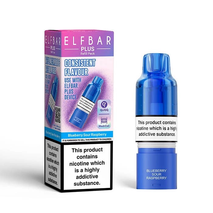 Elf Bar Plus 12 Prefilled Pod & Refill in blueberry sour raspberry – rechargeable vape with a 2ml prefilled pod, 8ml refill container, and 0.8Ω QUAQ mesh coil.