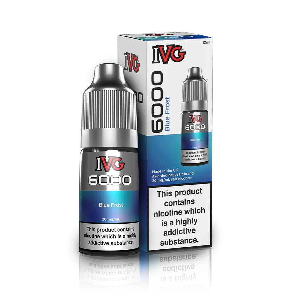10ml bottle of IVG 6000 Nicotine Salt Vape Juice in Blue Frost flavor, blending crisp green apple with an icy menthol twist; available in 10mg and 20mg strengths, featuring a smooth nic salt formula perfect for pod kits and mouth-to-lung vaping.