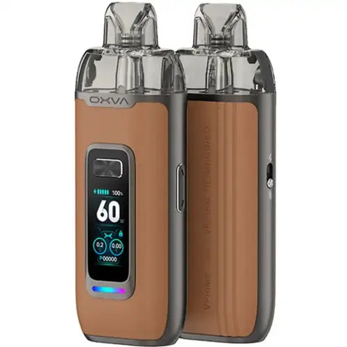 OXVA VPrime Pod Kit in Brown Leather – premium vape device with a refined leather-textured finish, smart display, and adjustable airflow for a customizable vaping experience.