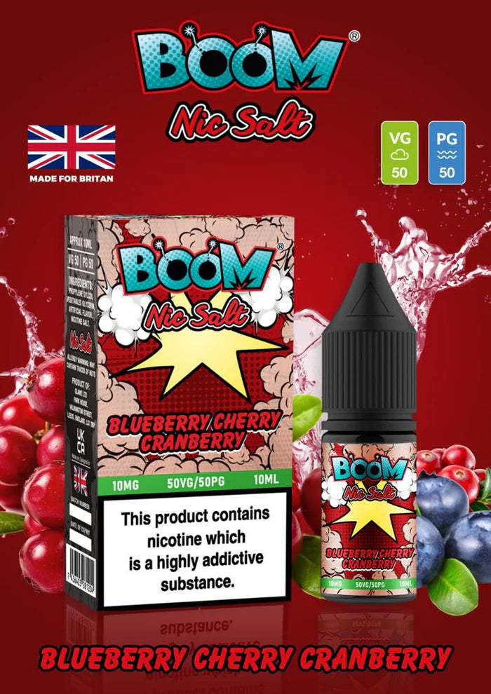 Bottle of Blue Cherry Cranberry Boom Nic Salt featuring bold electric blue and deep red-purple gradient packaging with stylized cherry, blueberry, and cranberry fruit graphics, prominent ‘Boom Nic Salt’ logo and flavor name displayed, formulated in a 50VG/50PG blend with 10 mg or 20 mg nicotine strength for nicotine salt vape devices.