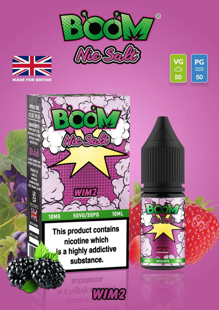 Bottle of WIM2 – Boom Nic Salt e‑liquid featuring bold, colourful packaging (varies by flavour) with sleek Boom logo, flavour name (e.g. ‘WIM2’) displayed prominently, designed for 50/50 VG/PG nicotine salt vape devices in 10 mg or 20 mg strengths