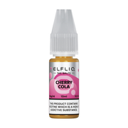 A bottle of Elf Bar ElfLiq Cherry Cola Nic Salt Vape Juice, 10ml with a pink label.