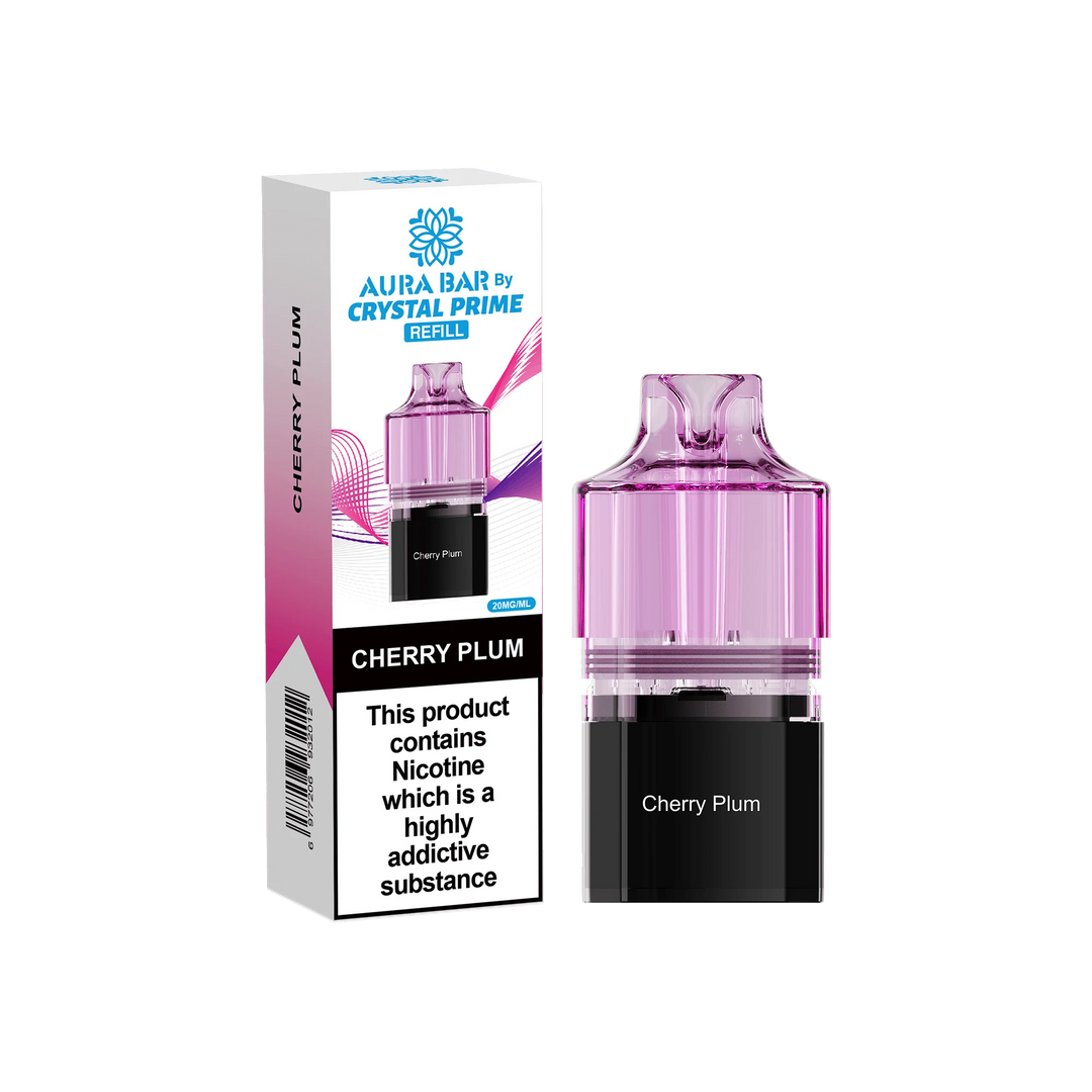 Cherry Plum Aura Bar Crystal Prime 10K Replacement Pods – long-lasting prefilled vape pods with rich flavours and smooth performance