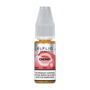 A bottle of Elf Bar ElfLiq Cherry Nic Salt Vape Juice, 10ml with a nicotine strength of 20mg/ml, indicated for use with pod systems and low-wattage devices.