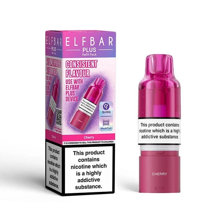 Elf Bar Plus 12 Prefilled Pod & Refill in cherry – rechargeable vape with a 2ml prefilled pod, 8ml refill container, and 0.8Ω QUAQ mesh coil.