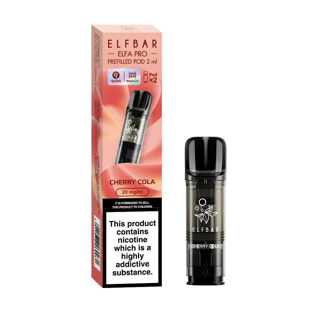 Elf Bar Elfa Pro replaceable prefilled pods in Cherry Cola flavor, engineered for consistent vapor production and optimal flavor, compatible with the Elf Bar Elfa Pro device for a satisfying and enjoyable vaping experience.