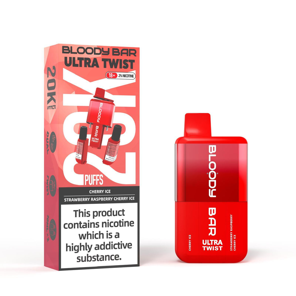 Bloody Bar Ultra Twist Disposable Vape – 20,000 puffs, available in Cherry Ice or Strawberry Raspberry Cherry Ice flavors.