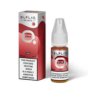 A bottle of Elf Bar ElfLiq Cola Nic Salt Vape Juice, 10ml with a concentration of 20mg nicotine, in a red and white packaging.