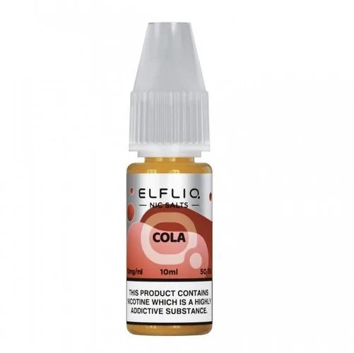 A bottle of Elf Bar ElfLiq Cola Nic Salt Vape Juice, 10ml with a concentration of 20mg nicotine, in a red and white packaging.