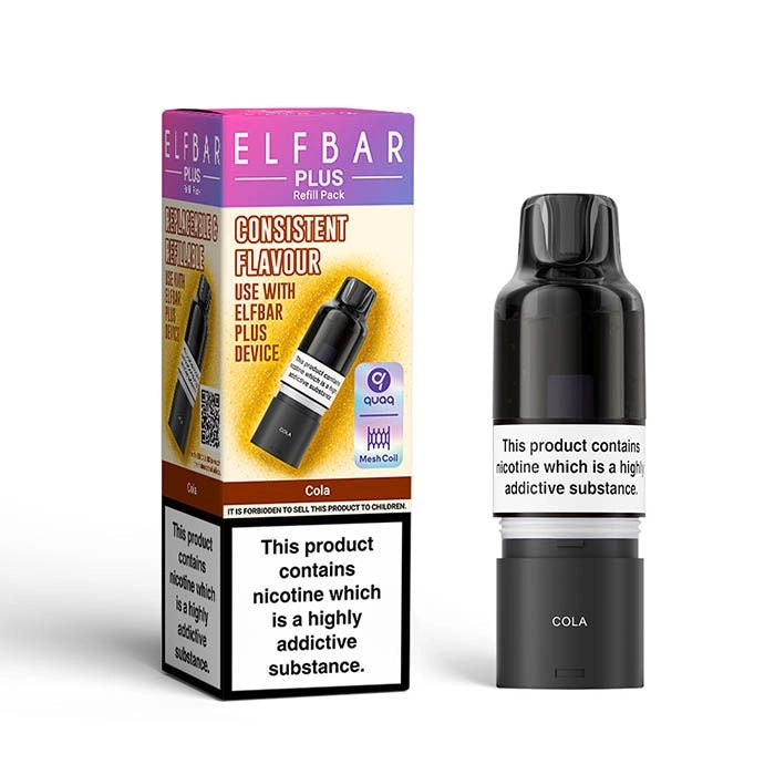 Elf Bar Plus 12 Prefilled Pod & Refill in cola – rechargeable vape with a 2ml prefilled pod, 8ml refill container, and 0.8Ω QUAQ mesh coil.