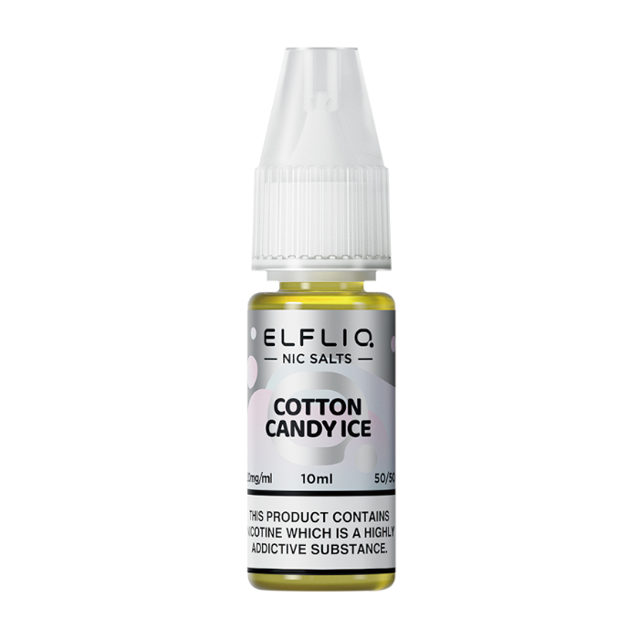 Pack of ten 10ml bottles of Elf Bar Nic Salt E-Liquid in Cotton Candy Ice flavor, smooth nic salt formulation for a satisfying throat hit, ideal for refillable pod kits, available in 10mg and 20mg strengths.