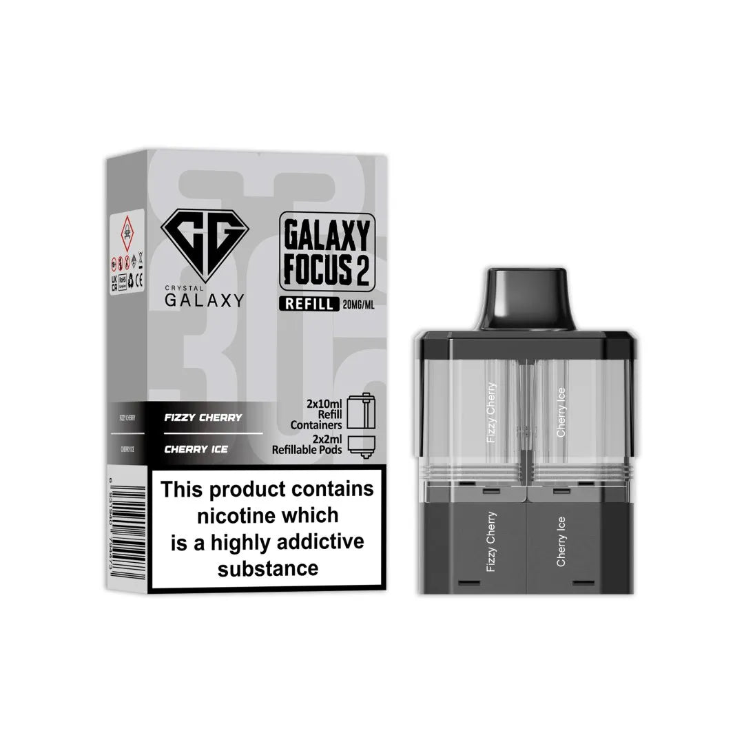 Crystal Galaxy Focus 2 Replacement Pods in Fizzy Cherry / Cherry Ice – prefilled pods for the Focus 2 vape kit, up to 30,000 puffs.